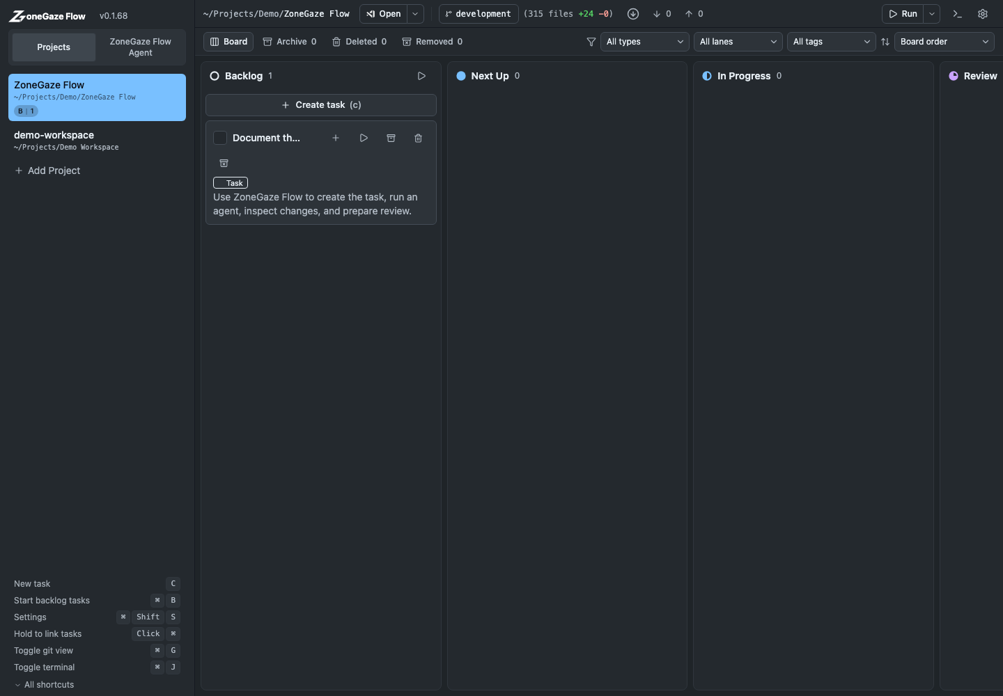 ZoneGaze Flow board with an example work item