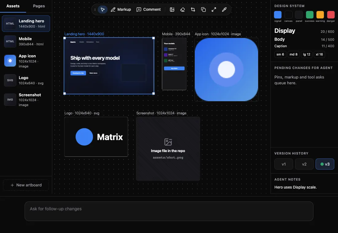 Studio mode: a canvas of design frames with an asset list and a design-system panel