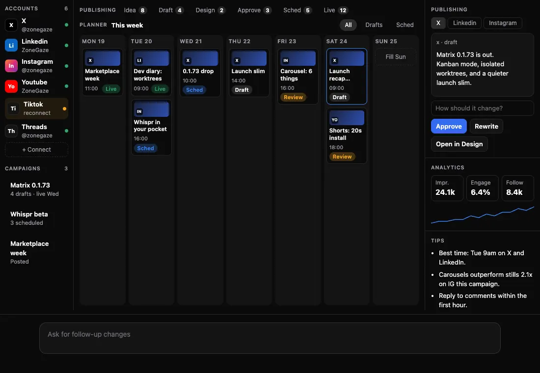 Social mode: a weekly post planner with a selected draft